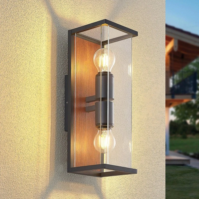 Lucande Elwin 2 Buiten Wandlamp - Modern Aluminium met Hout-look