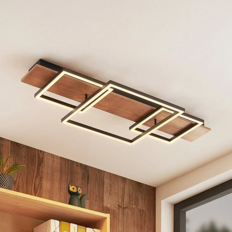 Lucande Chariska LED Plafondlamp - 95cm - Hout & Zwart - CCT