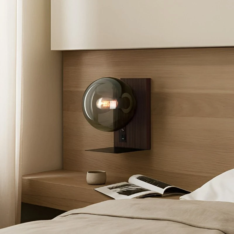 Lucande Veloura Wandlamp - Eikenhout & Rookgrijs Glas - 30 cm
