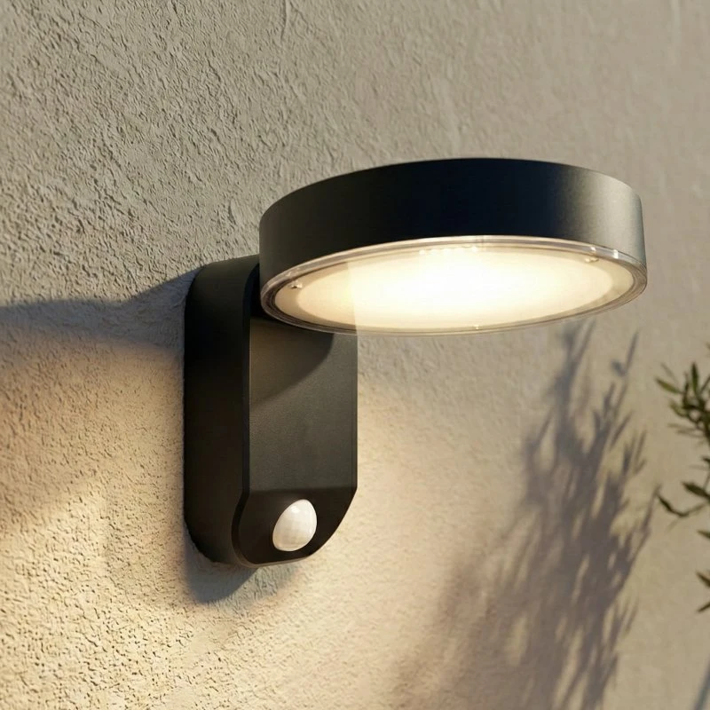 PRIOS Tarlson LED-zonne-wandlamp, rond, antraciet, met sensor