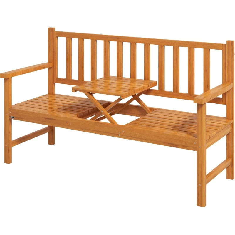 Outsunny Houten Tuinbank met Inklapbare Tafel, Lichtbruin, 153 cm