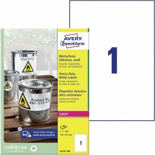 Avery Zweckform L4775 Weerbestendige Etiketten A4 100 Stuks Wit