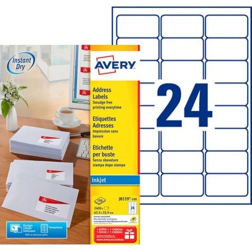 Avery J8159-10 Adresetiket 63,5x33,9 mm Wit 240 Stuks