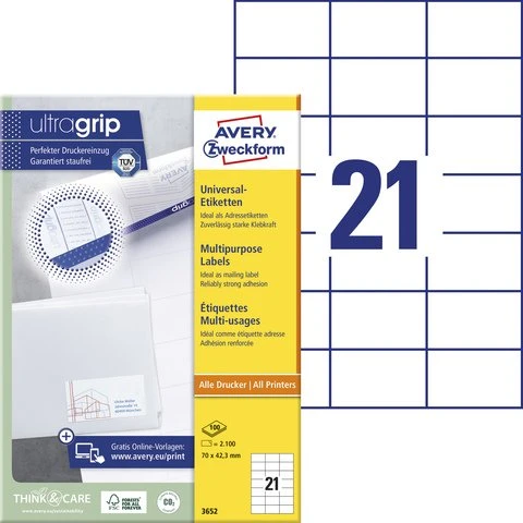 Avery ILK 70x42,3mm Wit 100 Vellen 21 Etiketten