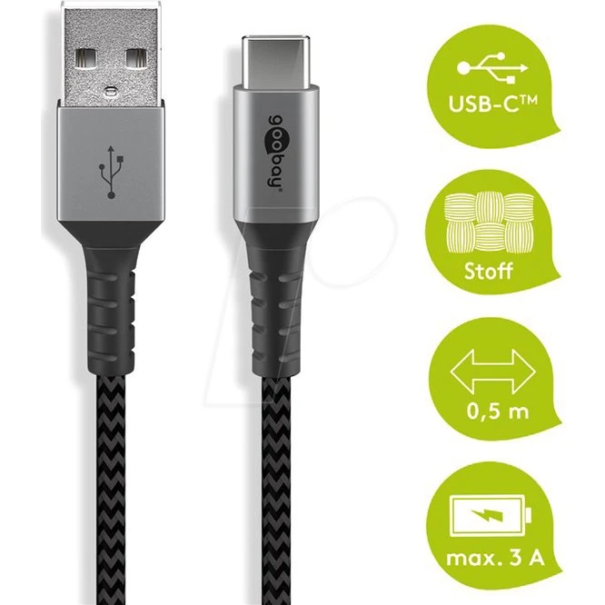 Goobay USB-C naar USB-A kabel 0,5 m, zwart, textiel