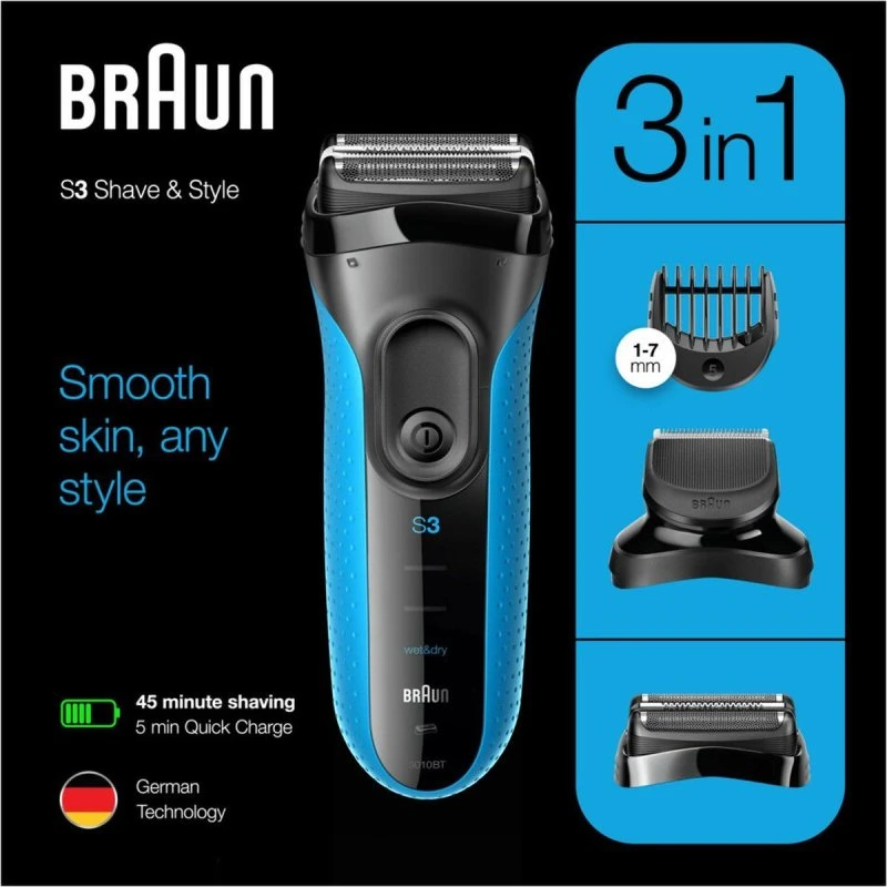 Braun Series 3 Shave&Style 3010BT Elektrisch Scheerapparaat Zwart/Blauw