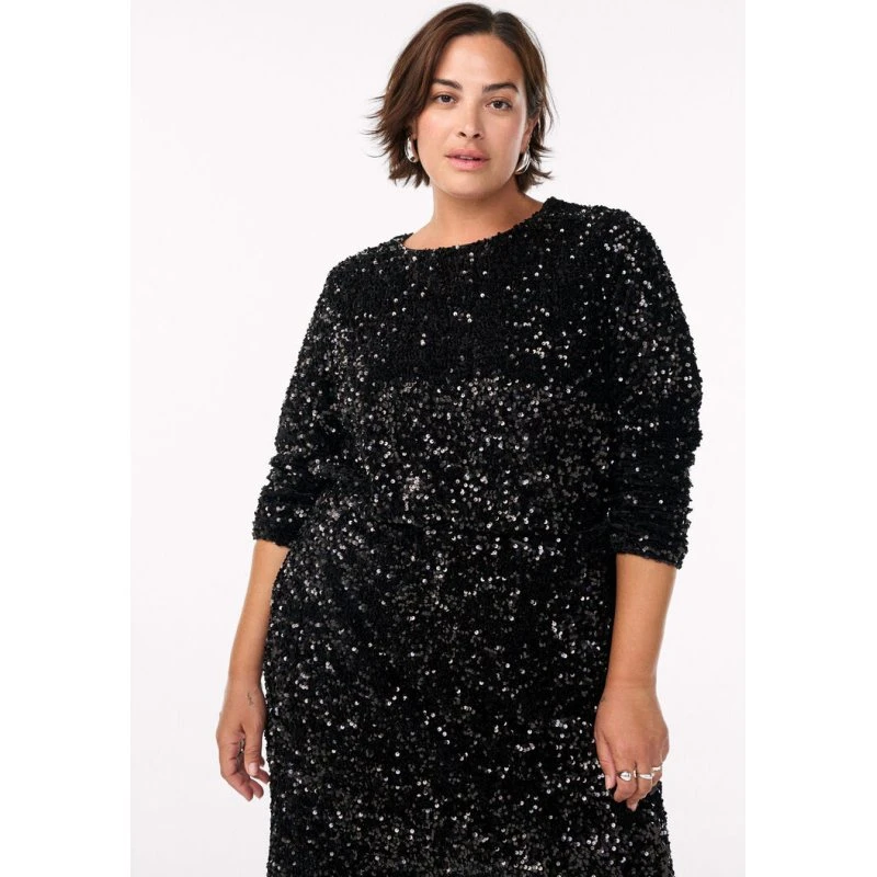 Zizzi Blouse zwart met pailletten, lange mouwen