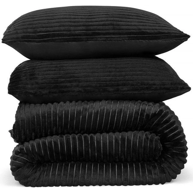 DoubleDry Dekbedovertrek Rib Flanel Zwart Lits Jumeaux 240x220 cm + 2 Kussenslopen