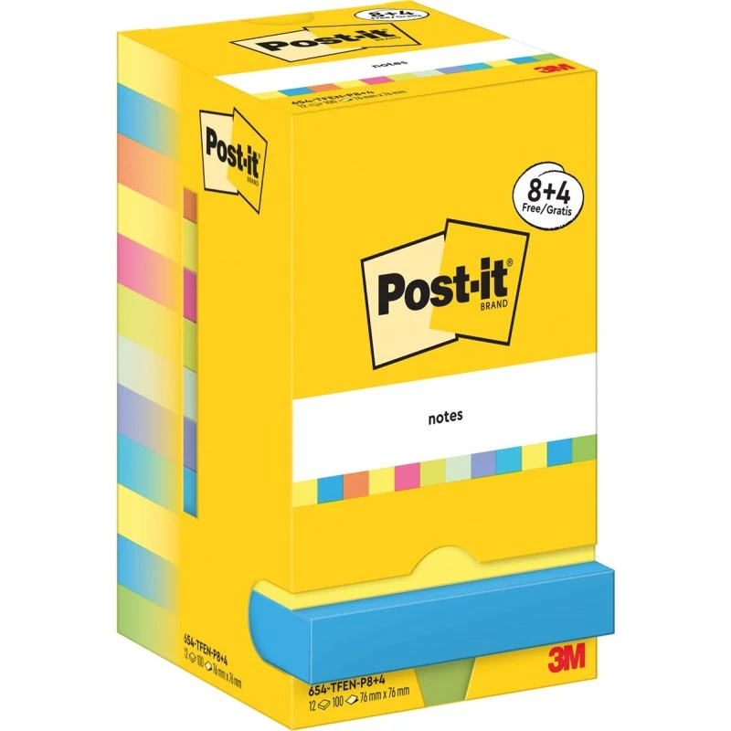 Post-It Notes Energetic 100 vel 76 x 76 mm, 8 + 4 GRATIS