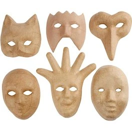 Kunsthandel Maskers van Papier-mâché, 6 stuk, H: 12-21 cm