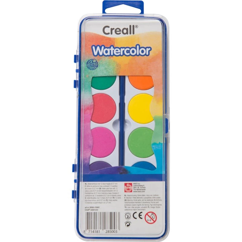 Creall Aquareldoos met Penseel, 12 Kleuren Ø27 mm