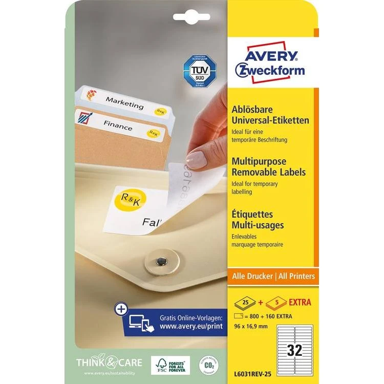 Avery Zweckform L6031REV-25 Afneembaar Wit 96x16,9 mm 800 stuks