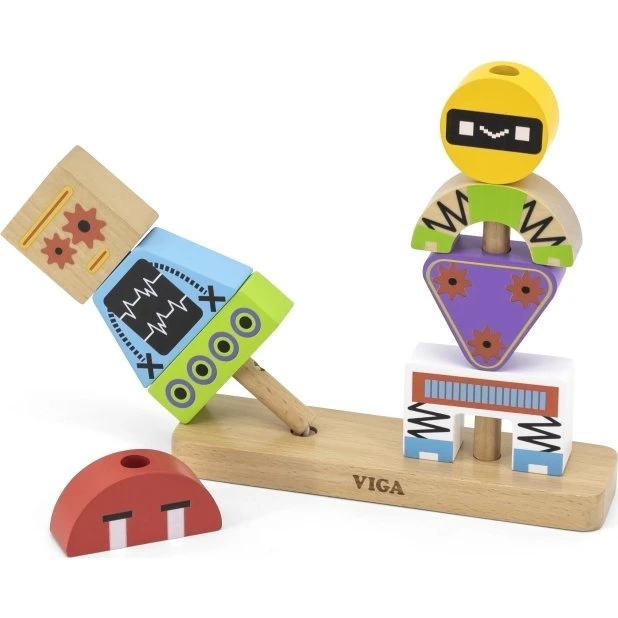 Viga 44652 Stacking Blocks Robots - Houten Stapelpiramide met Voorbeeldkaarten