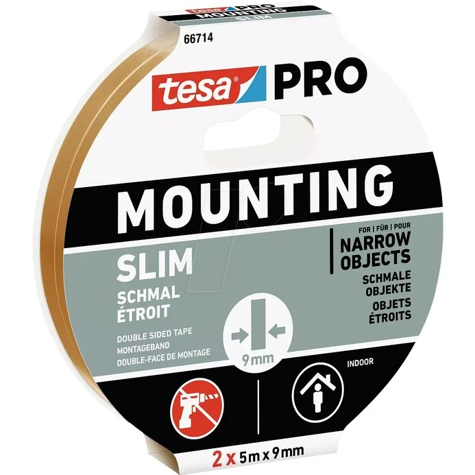tesa PRO Montageband smal 5 m x 9 mm, wit, set van 2