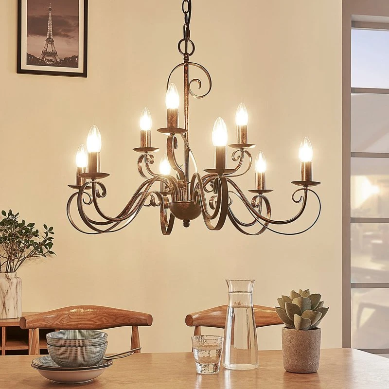 Lindby Kroonluchter Caleb, 9-lamps, Roest, Metaal