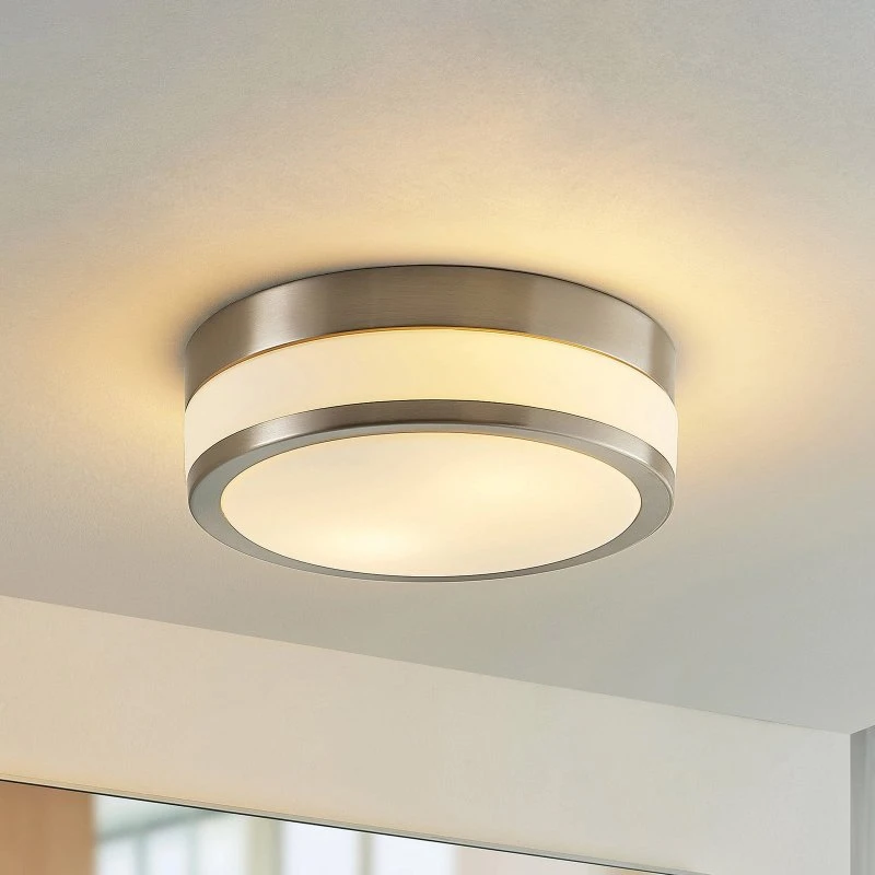 Lindby Plafondlamp Flavi Ø28cm - Nikkel & Opaalglas - IP44