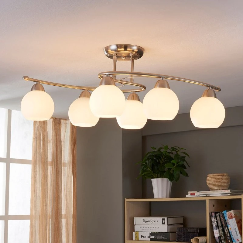 Lindby Svean Plafondlamp - Wit/Nikkel - 6-lichts - 75cm