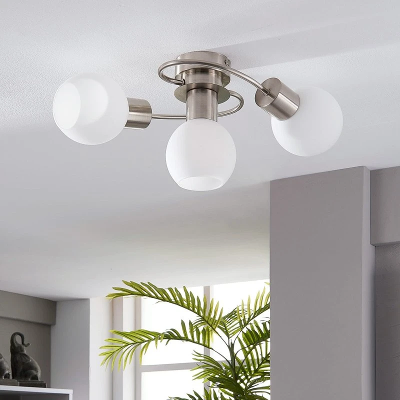 Lindby Ciala Plafondlamp - 3-lamps - Nikkel/Wit Glas