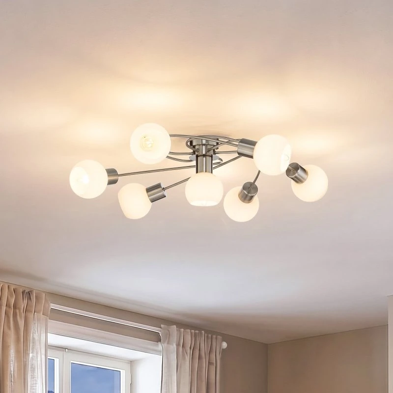 Lindby Ciala Plafondlamp - 7-lamps - Nikkel/Wit Glas