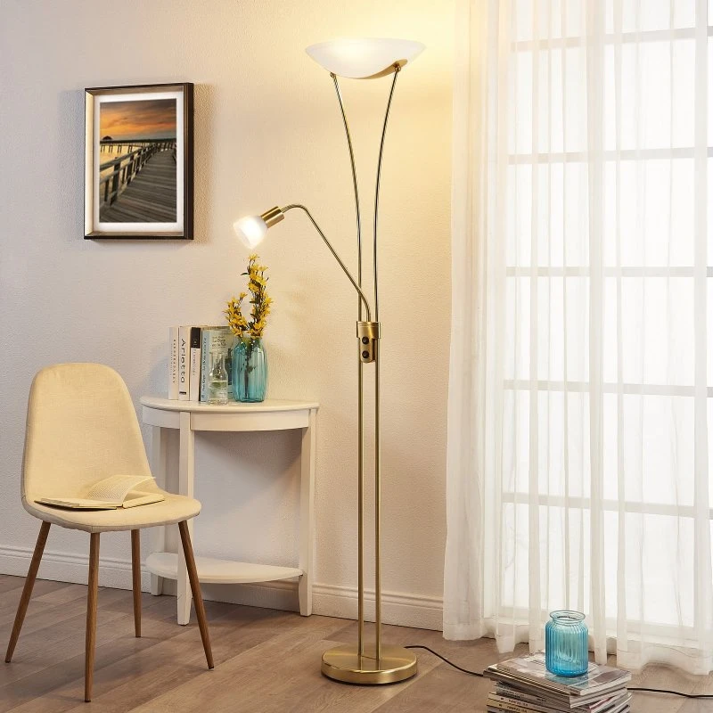 Lindby Felicia Vloerlamp - Messing/Goud - Uplighter met leeslamp
