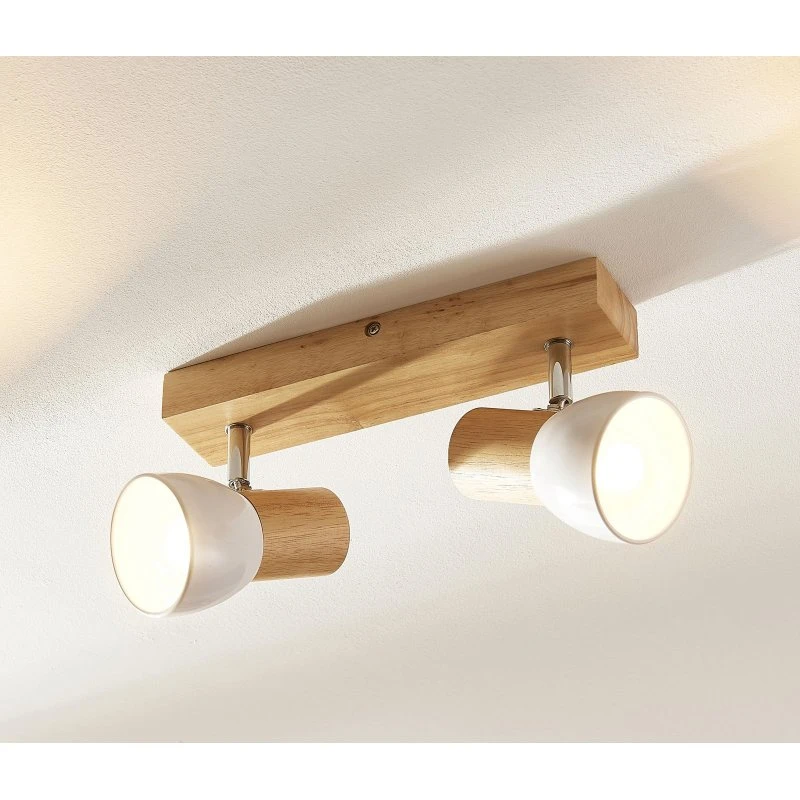 Lindby Thorin Plafondlamp - Hout & Wit - 27 cm - 2x E14