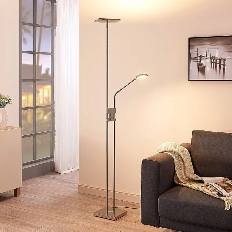 Lindby Jonne LED vloerlamp - Dimbaar met leesarm - Nikkel