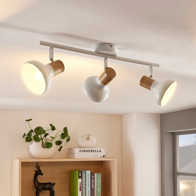 Lindby Fridolin Plafondspot, 50cm, 3-lamps, Wit/Hout, Dimbaar