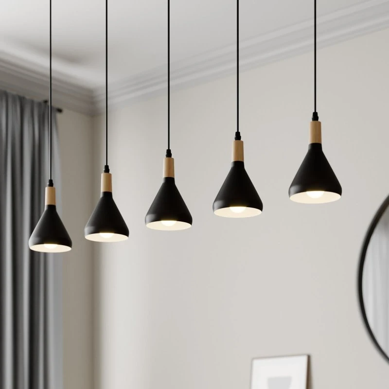 Lindby Arina Hanglamp - Zwart/Hout - 100 cm - 5-lampig