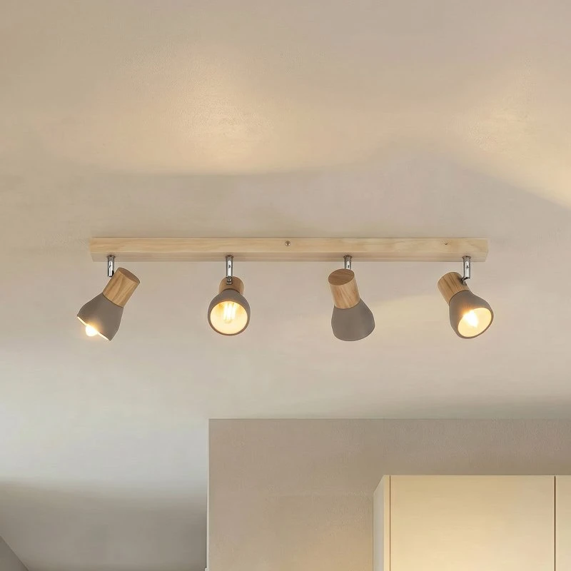 Lindby Filiz Plafondlamp - Beton & Hout - 77 cm - 4-lampen