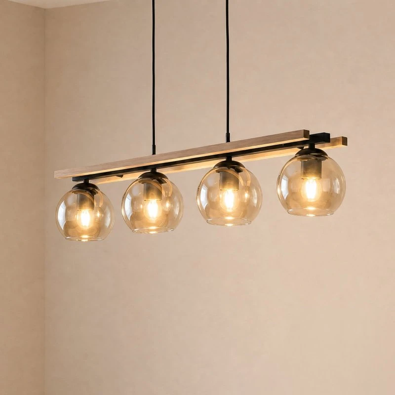 Lindby Enrique Hanglamp - Amber Glas & Eikenhout - 4-lamps