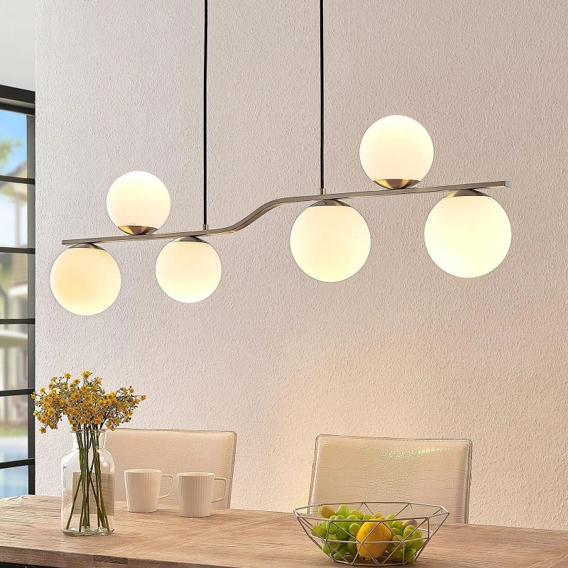 Lindby Avalyn Hanglamp - Nikkel & Opaalglas - 6 Bollen