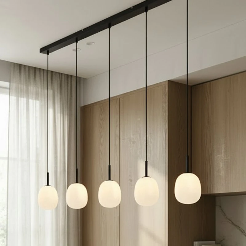 Lindby Etiena Hanglamp - 5 Opaalglazen - Zwart - 116 cm