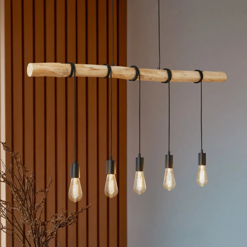 Lindby Rom Hanglamp - Hout & Zwart - 116 cm - 5 Lampen