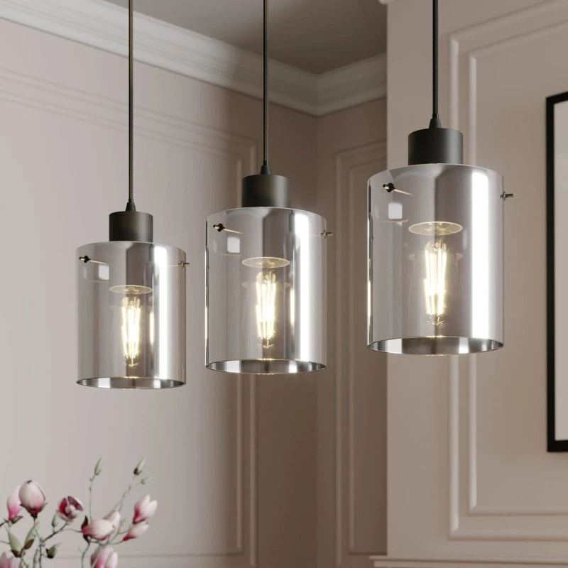 Lindby Kourtney Hanglamp - 3-lampen - Glas Rookgrijs/Zwart