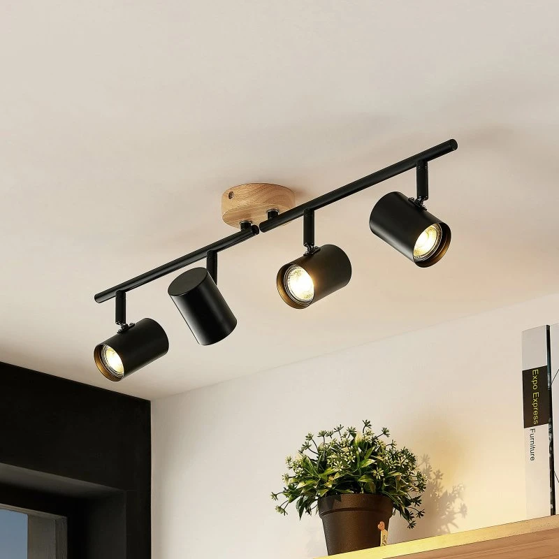 Lindby Xiomara Plafondlamp - 4-lamps - Zwart & Licht Hout - 68 cm