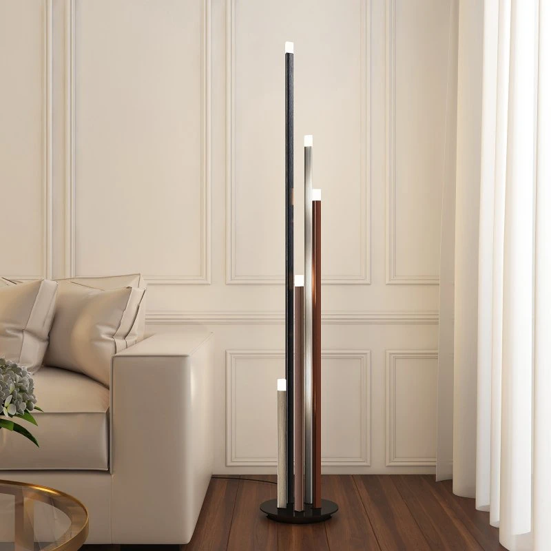 Lucande Stoika LED-vloerlamp - Zwart/Alu/Bruin - 150 cm