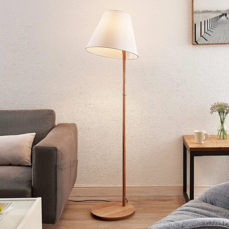 Lucande Jinda Vloerlamp - Hout & Wit Textiel - 160 cm