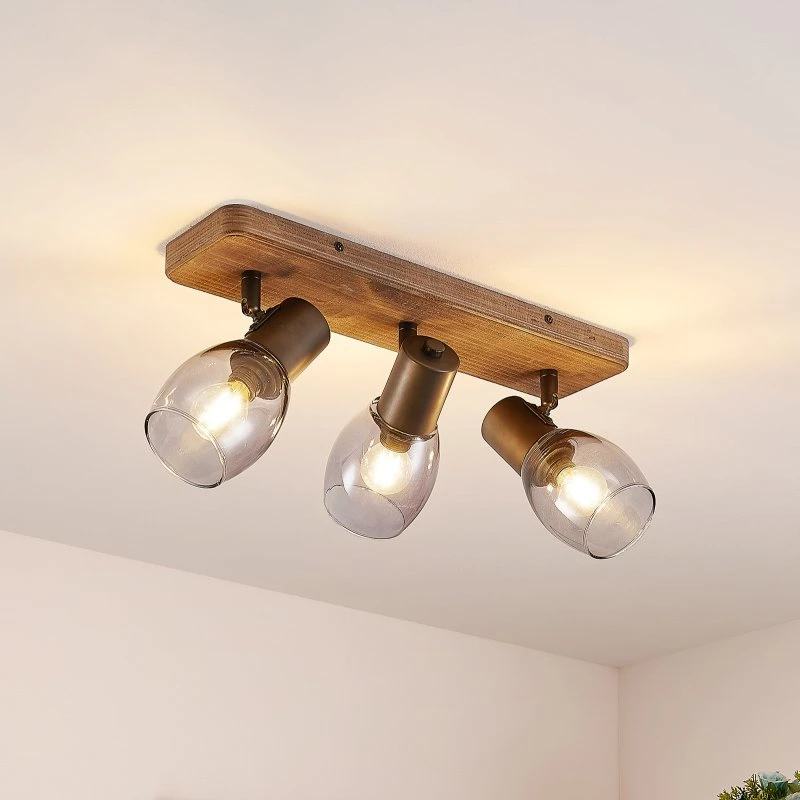 Lindby Ineska Plafondspot, 3-lamps, Rookglas & Donker Hout