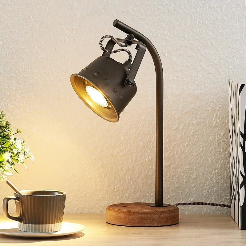Lindby Rubinjo Tafellamp - Hout & Metaal - Zwart/Donker Hout