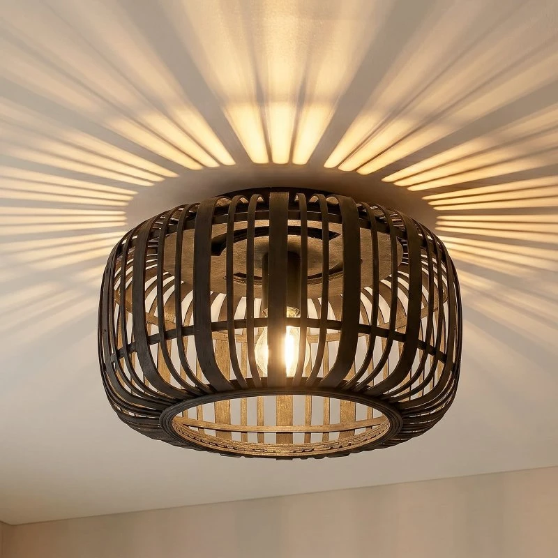 Lindby Canyana Plafondlamp - Zwart Rotan - Ø 40 cm