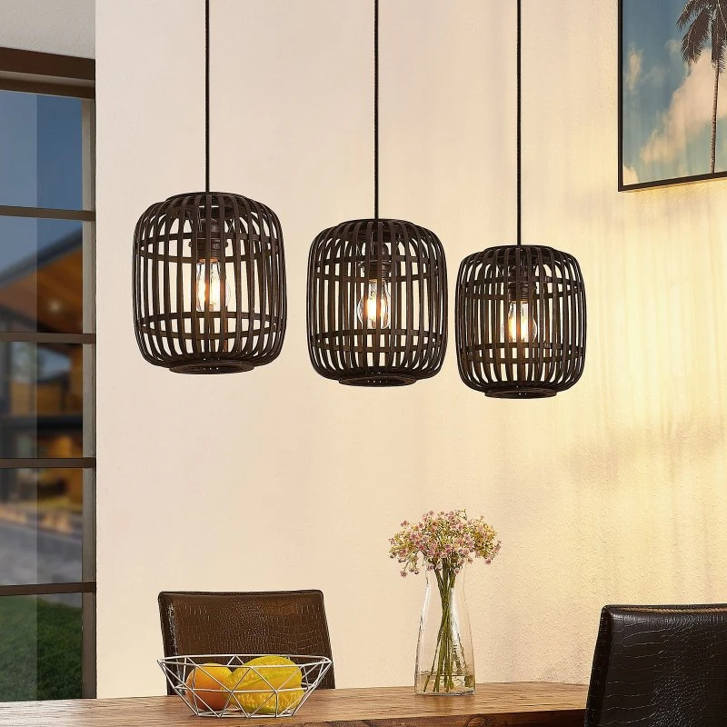 Lindby Canyana Hanglamp - Zwart Rotan - 3-Lamps - 105 cm