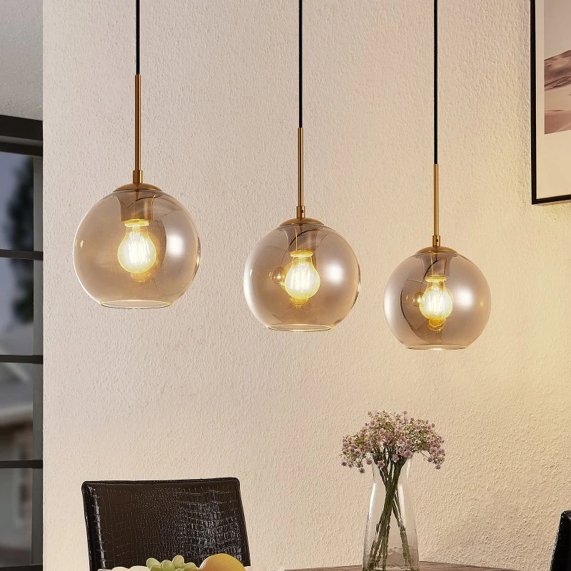 Lindby Hiwana Hanglamp - Rookgrijs Glas & Aluminium - 3-Lamps