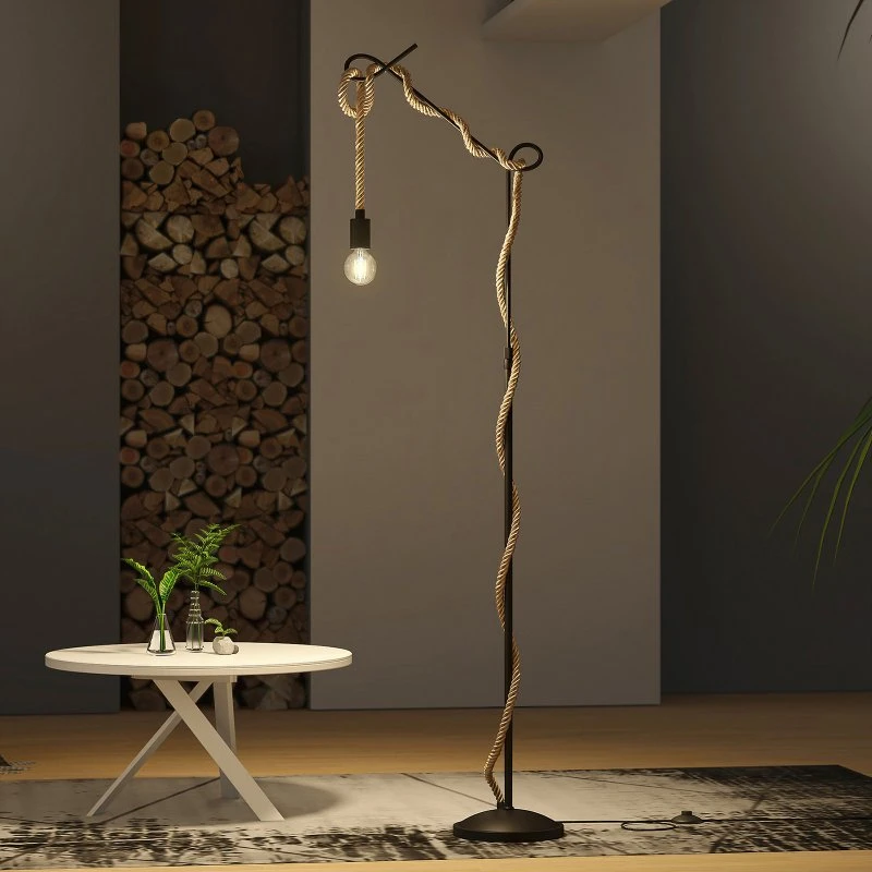 Lucande Ropina Vloerlamp - Zwart - 180 cm - Metaal & Henneptouw