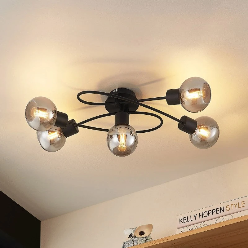 Lindby Plafondlamp Elaina, 66 cm, 5-lampen, Zwart/Rookglas