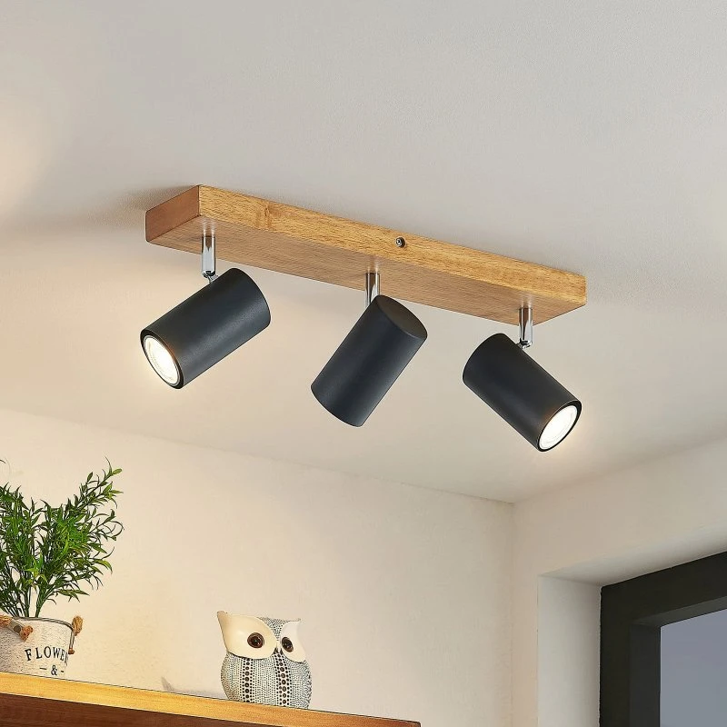 Lindby Maniva Plafondspot 44cm - 3-lampig - Zwart/Hout