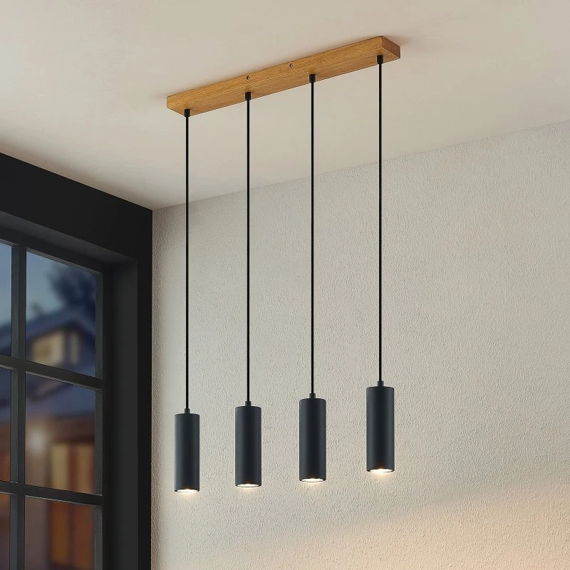 Maniva Lindby Hanglamp - Zwart/Hout - 4-lampen - 60 cm