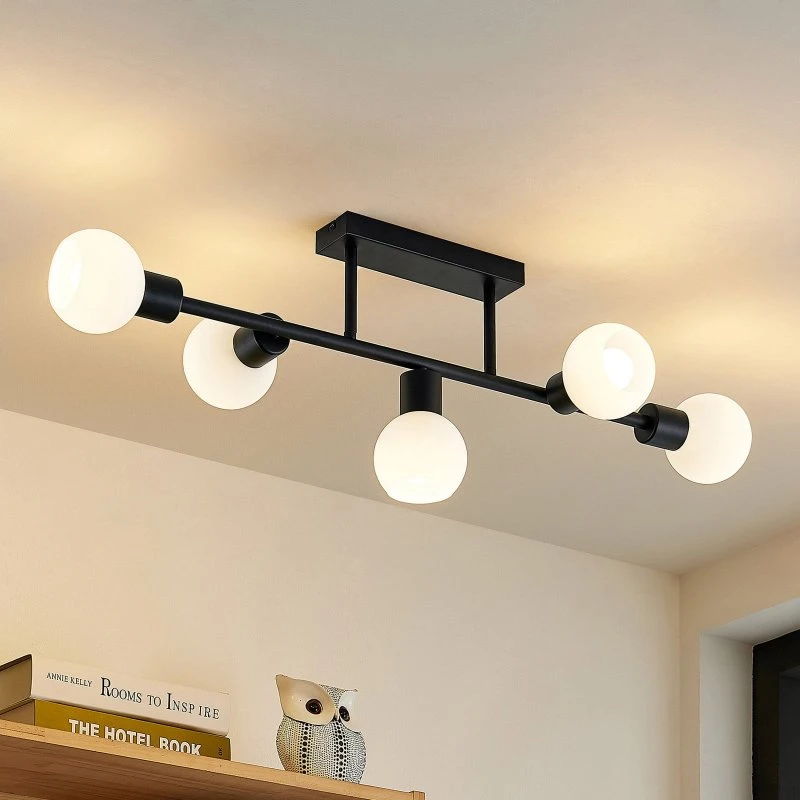 Lindby Biscala Plafondlamp - Zwart - 5x Opaalwit Glas