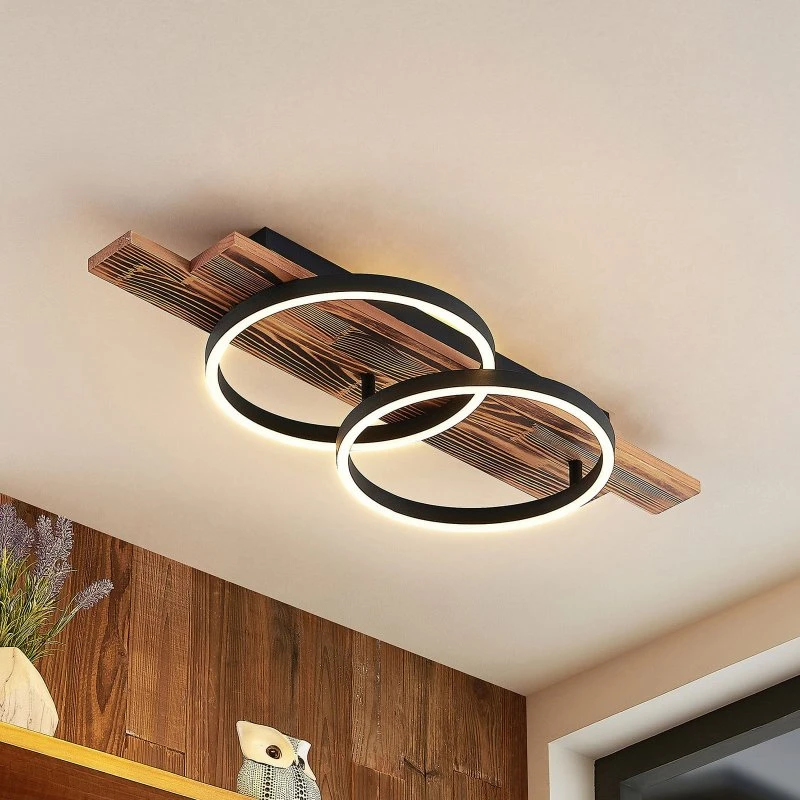 Lindby Sentoa LED Plafondlamp - Hout & Zwart - 75 cm