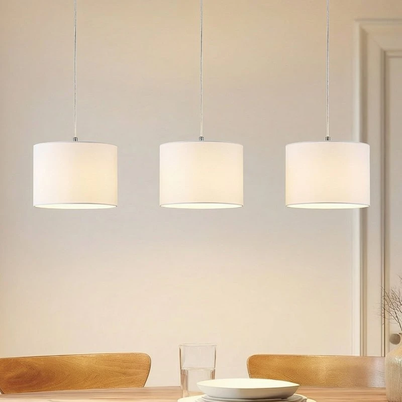Lindby Imarin Hanglamp - 3-lamps - Wit Textiel & Eikenhout - 100cm