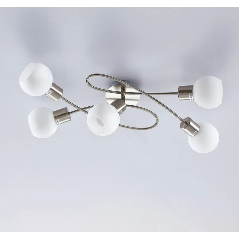 Lindby Plafondlamp Elaina, 65 cm, 5-lampen, Nikkel & Glas